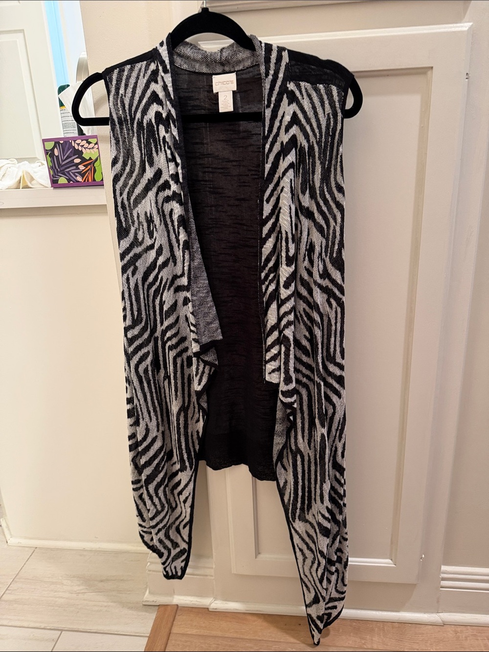 Chico's Black and Gray Zebra-Print Open-Front Sweater Vest